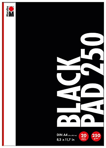 Marabu 1612000000501 Black Pad 250, schwarzes, mattes Spezial-Papier, 250 g/qm, 20 Blatt, DIN A4, säurefrei, biologisch abbau- und recyclebar, ideal zum Gestalten mit Acrylmarkern, Paintern und Linern von Marabu