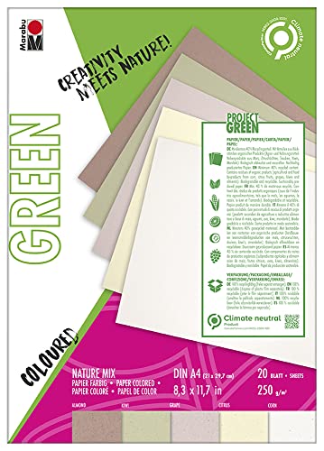 Marabu 1612000000600 - GREEN LINE Papier-Block DIN A4 Nature Mix, 20 Blatt, natürliche Färbung, fünf Farben, matt, 250 g/m², säure- und carbonfrei, biologisch abbaubar von Marabu
