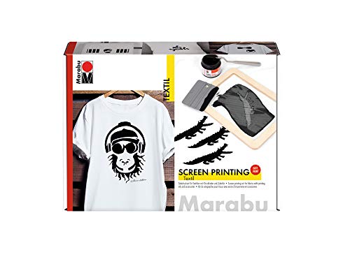 Marabu 1703000000082 - Textil Screen Printing Set, Siebdruckset für helle und dunkle Textilien mit 100 ml Druckfarbe in schwarz, einem Siebrahmen, einem Rakel und einem Malmesser von Marabu