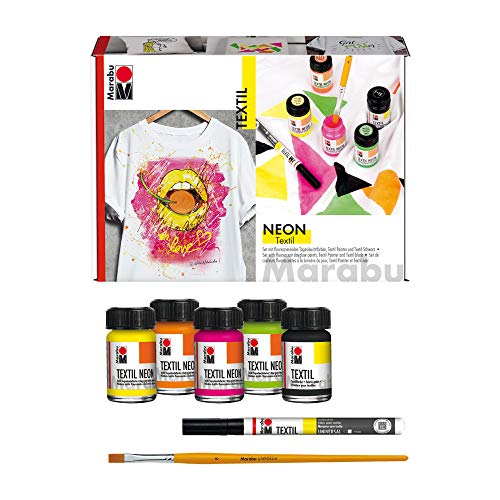 Marabu 1711000000080 - Textil Neon Set, fluoreszierende, intensive Tageslichtfarbe für helle Textilien, leuchtet im Schwarzlicht, 4 x 15 ml Neonfarbe, 15 ml Textilfarbe, Textil Painter und Pinsel Marabu 1711000000080 - Textil Neon Set, fluoreszierende, intensive Tageslichtfarbe für helle Textilien, leuchtet im Schwarzlicht, 4 x 15 ml Neonfarbe, 15 ml Textilfarbe, Textil Painter und Pinsel von Marabu