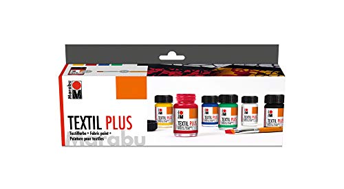Marabu 1715000000087 - Textil plus Starter Set, volldeckende Stoffmalfarbe für dunkle Stoffe, auf Wasserbasis, waschbeständig bis 40°C, für Stoffmalerei und Stoffdruck, 6 x 15 ml Farbe und Pinsel Marabu 1715000000087 - Textil plus Starter Set, volldeckende Stoffmalfarbe für dunkle Stoffe, auf Wasserbasis, waschbeständig bis 40°C, für Stoffmalerei und Stoffdruck, 6 x 15 ml Farbe und Pinsel von Marabu