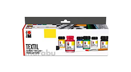 Marabu 1716000000087 - Textil Starter Set Grundfarben, Stoffmalfarbe, Wasserbasis, für helle Stoffe, weicher Griff, waschbeständig bis 60°C, für Stoffmalerei und -druck, 6 x 15 ml Farbe und Pinsel Marabu 1716000000087 - Textil Starter Set Grundfarben, Stoffmalfarbe, Wasserbasis, für helle Stoffe, weicher Griff, waschbeständig bis 60°C, für Stoffmalerei und -druck, 6 x 15 ml Farbe und Pinsel von Marabu