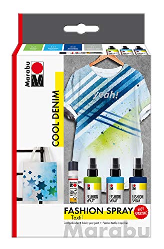 Marabu 1719000000084 - Fashion Spray, Cool Denim, Textilsprühfarbe auf Wasserbasis, für helle Textilien, einfache Fixierung, waschbeständig bis 40°C, 3 x 100 ml Farbe und 25 ml Fashion Liner von Marabu