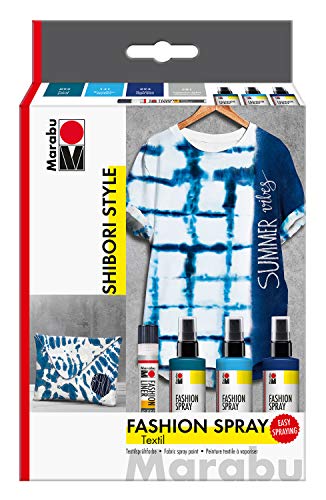 Marabu 1719000000095 - Fashion Spray, Shibori, Textilsprühfarbe auf Wasserbasis, für helle Textilien, einfache Fixierung, waschbeständig bis 40°C, 3 x 100 ml Farbe und 25 ml Fashion Liner von Marabu