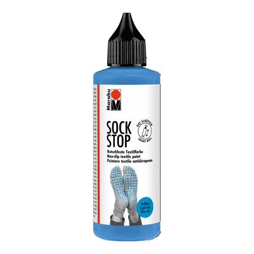 Marabu 17220106090 - Sock Stop, 90 ml, hellblau, gummiartige Antirutsch-Farbe auf Wasserbasis (kein Latex), für Textilien, sicherer Halt auf glatten Böden, einfache Anwendung aus der Flasche von Marabu