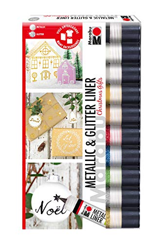 Marabu 1803000059595 - Metallic & Glitter Liner Set "Christmas Gifts", 10 x 25 ml, universelle Effektfarbe auf Wasserbasis mit Metallic- und Glitzereffekt, für Verzierungen, Linien und Ornamente von Marabu