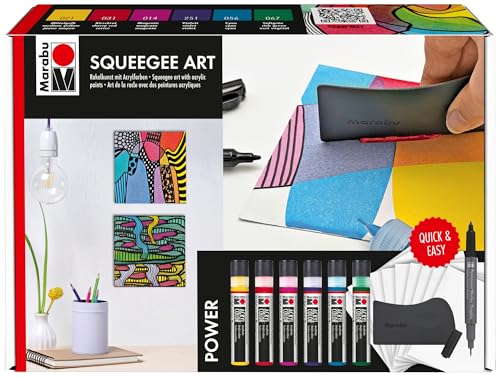 Marabu Acryl Color Squeegee Art Set Power, Rakelkunst mit Acrylfarben, Malset mit 6 x 25 ml Acryl Color, Rakel, 10 x Acrylpapier und Permanent Marker, 1201000000200 von Marabu