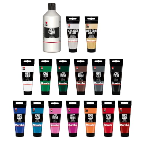 Marabu Acryl Color Super Set, 500 ml Weiß & 15 x 100 ml, Acrylfarbe auf Wasserbasis, schnell trocknend, lichtecht, wasserfest, zum Auftragen mit Pinsel & Schwamm auf Leinwand, Papier, Holz Marabu Acryl Color Super Set, 500 ml Weiß & 15 x 100 ml, Acrylfarbe auf Wasserbasis, schnell trocknend, lichtecht, wasserfest, zum Auftragen mit Pinsel & Schwamm auf Leinwand, Papier, Holz von Marabu