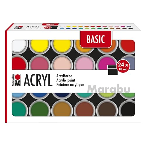 Marabu Acrylfarben Set BASIC, 24 x 18 ml seidenmatte Farben, leicht vermalbar, schnell trocknend, lichtecht, wetterfest, für viele Maltechniken und Untergründe, 1210000000215, Mehrfarbig von Marabu