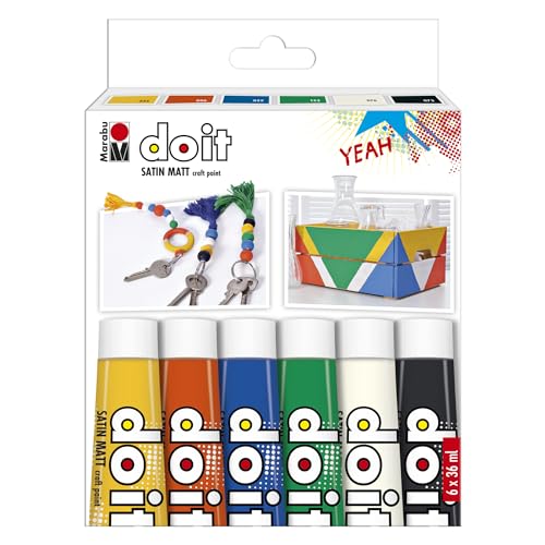 Marabu DO IT Craft Paint Set, 6 x 36 ml Farbe, seidenmatte Acrylfarbe für DIY, Basteln und Hobby, Malfarbe auf Wasserbasis, wetterfest, lichtecht, schnelltrocknend, vegan, 1276000000200 Marabu DO IT Craft Paint Set, 6 x 36 ml Farbe, seidenmatte Acrylfarbe für DIY, Basteln und Hobby, Malfarbe auf Wasserbasis, wetterfest, lichtecht, schnelltrocknend, vegan, 1276000000200 von Marabu