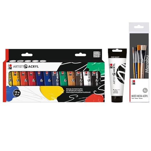 Marabu Artist Acryl, Starter Pack, 12 x 22 ml & 120 ml Titanweiß, inkl. Pinselset Basics mit 4 Pinseln in den Größen 16, 14, 8 und 6, feine Acrylfarbe in Künstlerqualität Marabu Artist Acryl, Starter Pack, 12 x 22 ml & 120 ml Titanweiß, inkl. Pinselset Basics mit 4 Pinseln in den Größen 16, 14, 8 und 6, feine Acrylfarbe in Künstlerqualität von Marabu