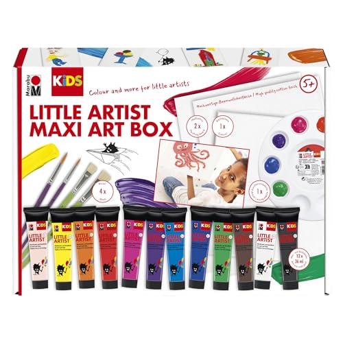 Marabu Kids Little Artist Maxi Art Box, Mal-und Bastelbox für Kinder ab 5 Jahren, inkl. 12 x 36 ml Kindermalfarbe, Pinsel, Mischpalette, Keilrahmen und Malkarton, 0305000000113, Mehrfarbig, Universal von Marabu