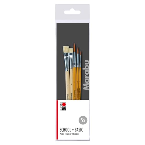 Marabu Pinselset School & Basic, 5 Malpinsel aus FSC-zertifiziertem Holz, 2 flache und 3 runde Pinsel, für Schule und Hobby, 0184000000200 von Marabu