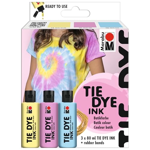 Marabu TIE DYE Ink Set, 3 x 80 ml Farbe auf Wasserbasis, inkl. Gummibänder, pastellige Batikfarbe für helle Textilien bis 20% Kunstfaseranteil, 1730000000201 von Marabu