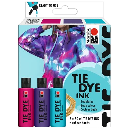 Marabu TIE DYE Ink Set Trend, 3 x 80 ml Farbe auf Wasserbasis, inkl. Gummibänder, strahlende Batikfarbe für helle Textilien bis 20 Prozent Kunstfaseranteil, 1730000000202 von Marabu