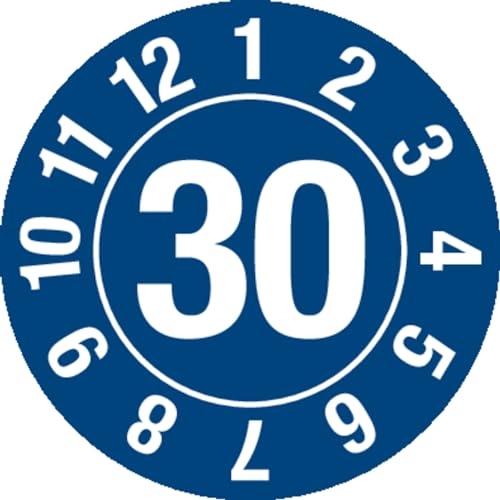 Prüfplakette - Jahresplakette "Jahreszahl 2-stellig + Ring", Monate: 1-12, Jahr: 2030, Dokumentenfolie, blau, Ø 10 mm, 128 Stück je Bogen von Marahrens