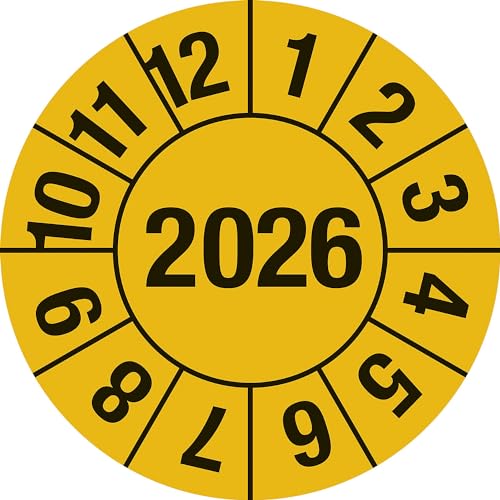 Prüfplakette - Jahresplakette "Jahreszahl 4-stellig", Monate: 1-12, Jahr: 2026, Dokumentenfolie, gelb, Ø 15 mm, 60 Stück je Bogen von Marahrens