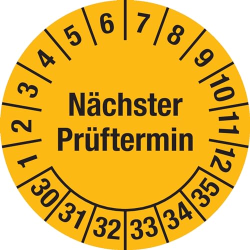 Prüfplakette - Mehrjahresplakette "Nächster Prüftermin", Monate: 1-12, Jahre: 2030-2035, Dokumentenfolie, gelb, Ø 25 mm, 15 Stück je Bogen von Marahrens
