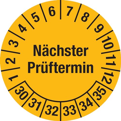 Prüfplakette - Mehrjahresplakette "Nächster Prüftermin", Monate: 1-12, Jahre: 2030-2035, Dokumentenfolie, gelb, Ø 30 mm, 15 Stück je Bogen von Marahrens