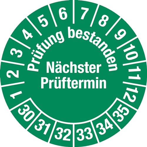 Prüfplakette - Mehrjahresplakette "Prüfung bestanden - Nächster Prüftermin", Monate: 1-12, Jahre: 2030-2035, Dokumentenfolie, grün, Ø 30 mm, 15 Stück je Bogen Prüfplakette - Mehrjahresplakette "Prüfung bestanden - Nächster Prüftermin", Monate: 1-12, Jahre: 2030-2035, Dokumentenfolie, grün, Ø 30 mm, 15 Stück je Bogen von Marahrens