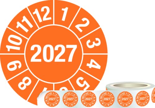 Prüfplakette: 2027, Monate: 1-12, orange, PVC-Folie, Ø 30 mm, 1000 Stück je Rolle, 30 x 0,1 mm von Marahrens