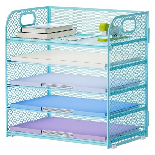 Marbrasse 5-Tire Schreibtisch Organizer,Mesh Briefablage mit Griff,Schreibtisch Ablagefächer,Papier Dokumenten Ablage Regal, Aktenablage Desk Organizer für Zuhause,Büro und Schule (Blau) von Marbrasse