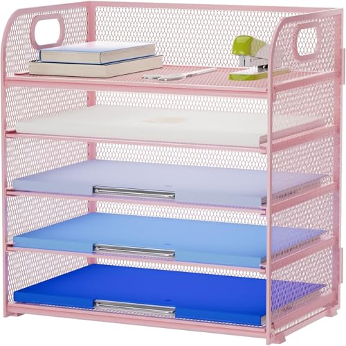 Marbrasse 5-Tire Schreibtisch Organizer,Mesh Briefablage mit Griff,Schreibtisch Ablagefächer,Papier Dokumenten Ablage Regal, Aktenablage Desk Organizer für Zuhause,Büro und Schule (Rosa) von Marbrasse