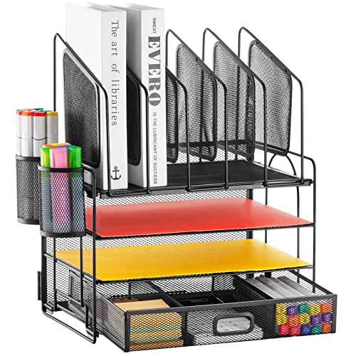 Marbrasse Schreibtisch Organizer, 4Tire Papier Briefablage Organizer mit Schublade, 2 Stifthalter, Mesh Schreibtisch Organizer, Aufbewahrung für Zuhause Bürobedarf(schwarz und vertikaler Ständer) von Marbrasse