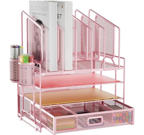 Marbrasse Schreibtisch Organizer,4 Tire Papier Briefablage mit Schubladen,5 Vertikale Dokumentenablage AblagefäCher und 2 Stifthalter,Mesh Schreibtisch Aufbewahrung für Zuhause Bürobedarf(Rosa) von Marbrasse