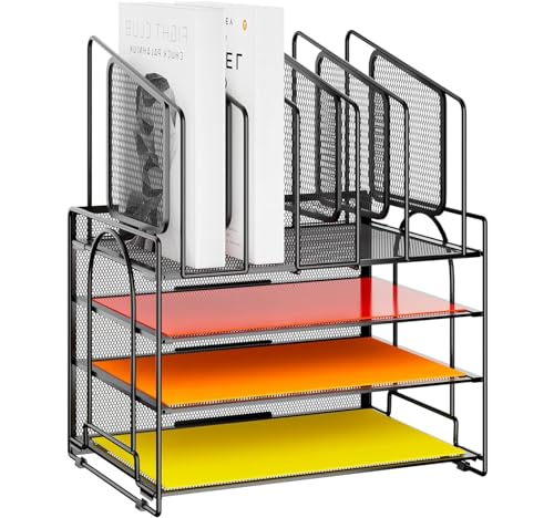 Marbrasse Schreibtisch Organizer,4 Tire Papier Briefablage,5 Vertikale Dokumentenablage AblagefäCher und 2 Stifthalter,Mesh Schreibtisch Aufbewahrung für Zuhause Bürobedarf(Schwarz) von Marbrasse