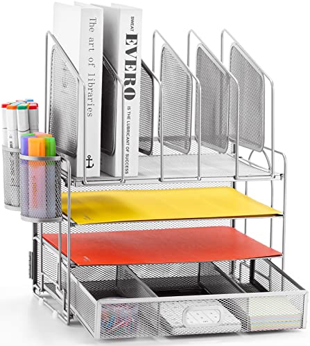Marbrasse Schreibtisch Organizer,4 Tire Papier Briefablage mit Schubladen,5 Vertikale Dokumentenablage AblagefäCher und 2 Stifthalter,Mesh Schreibtisch Aufbewahrung für Zuhause Bürobedarf(Silber) von Marbrasse