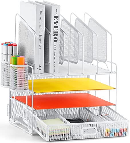 Marbrasse Schreibtisch Organizer,4 Tire Papier Briefablage mit Schubladen,5 Vertikale Dokumentenablage AblagefäCher und 2 Stifthalter,Mesh Schreibtisch Aufbewahrung für Zuhause Bürobedarf(Weiß) von Marbrasse