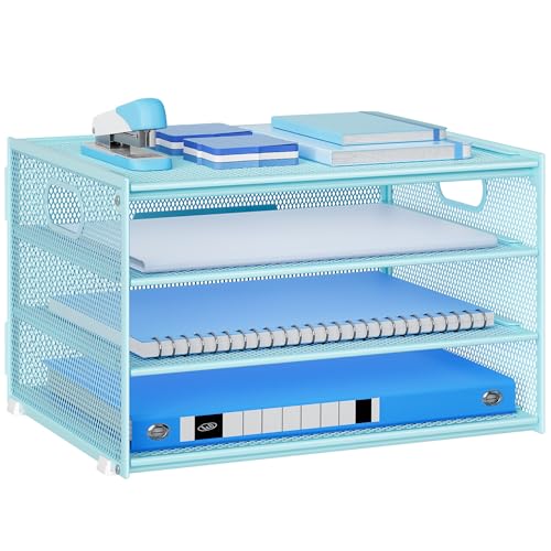 Marbrasse Schreibtisch Organizer,4-Stufiges Metall Netz-Briefablage mit Griff,Zeitungsordner,Papier Dokumenten Ablageteller Organisator für Büro,Zuhause und Schule (Blau) von Marbrasse