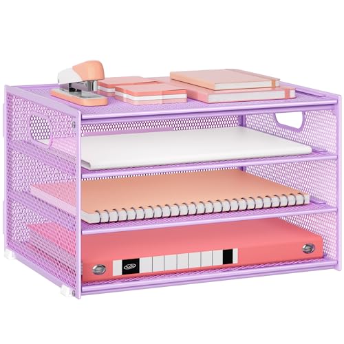 Marbrasse Schreibtisch Organizer,4-Stufiges Metall Netz-Briefablage mit Griff,Zeitungsordner,Papier Dokumenten Ablageteller Organisator für Büro,Zuhause und Schule (Lila) von Marbrasse