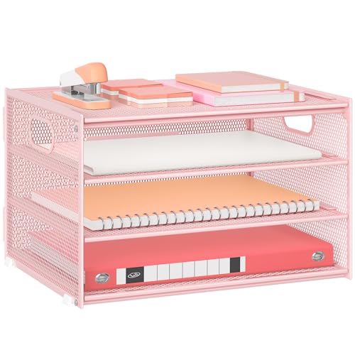 Marbrasse Schreibtisch Organizer,4-Stufiges Metall Netz-Briefablage mit Griff,Zeitungsordner,Papier Dokumenten Ablageteller Organisator für Büro,Zuhause und Schule (Rosa) von Marbrasse