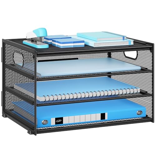 Marbrasse Schreibtisch Organizer,4-Stufiges Metall Netz-Briefablage mit Griff,Zeitungsordner,Papier Dokumenten Ablageteller Organisator für Büro,Zuhause und Schule (Schwarz) von Marbrasse