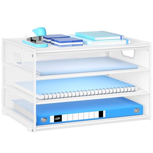 Marbrasse Schreibtisch Organizer,4-Stufiges Metall Netz-Briefablage mit Griff,Zeitungsordner,Papier Dokumenten Ablageteller Organisator für Büro,Zuhause und Schule (Weiß) von Marbrasse