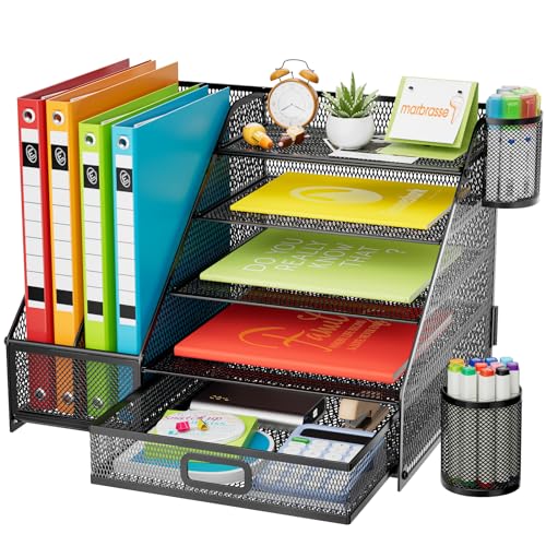 Marbrasse Schreibtisch Organizer,5-stöckig,Papier-Briefablage mit Schublade, 2 Stifthalter, Netz-Schreibtisch-Organizer, Zubehör, Aufbewahrung für Heimbürobedarf (einseitiger Buchständer) von Marbrasse