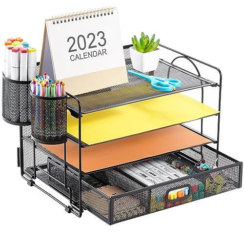 Marbrasse Schreibtisch Organizer,4-stöckig Papier Briefablage Organizer mit Schublade,2 Stifthalter,Netz Schreibtisch-Organizer für Zuhause,Büro Bedarf-Schwarz von Marbrasse