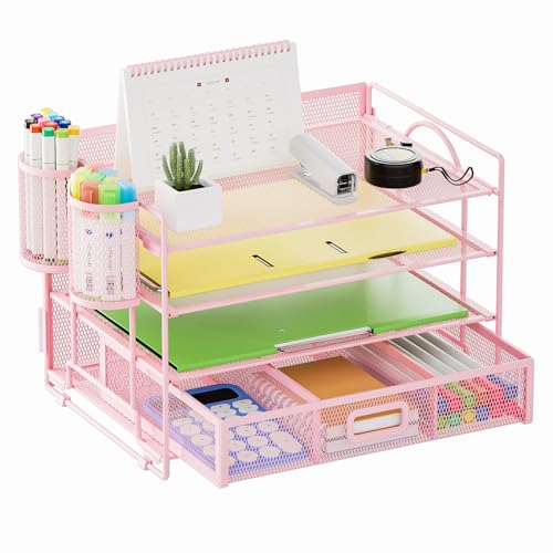 Marbrasse Schreibtisch Organizer-Tablett,4-Stöckig Papier Briefablage Organizer mit Schublade,2 Stifthalter,Netz-Schreibtisch-Organizer für Zuhause Bürobedarf(Rosa) von Marbrasse