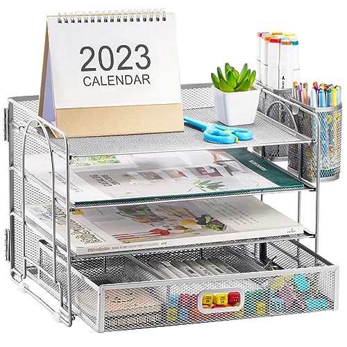 Marbrasse Schreibtisch Organizer-Tablett,4-Stöckig Papier Briefablage Organizer mit Schublade,2 Stifthalter,Netz-Schreibtisch-Organizer für Zuhause Bürobedarf(Silber) von Marbrasse