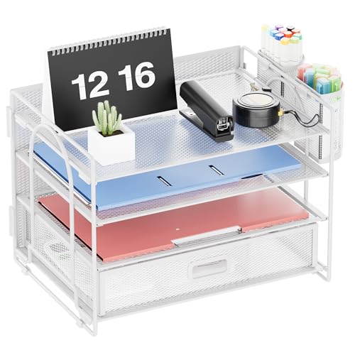 Marbrasse Schreibtisch Organizer-Tablett,4-Stöckig Papier Briefablage Organizer mit Schublade,2 Stifthalter,Netz-Schreibtisch-Organizer für Zuhause Bürobedarf(Weiß) von Marbrasse