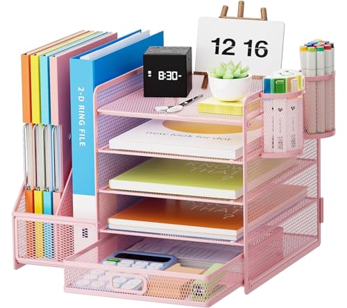 Marbrasse Schreibtisch Organizer mit Aktenhalter,5 Ebenen Papier Briefablage mit Schublade und 2 Stiftehalter,Schreibtisch Netz Ablagefächer Organizer mit für Büro Bedarf Dokumentenablage (Rosa) von Marbrasse