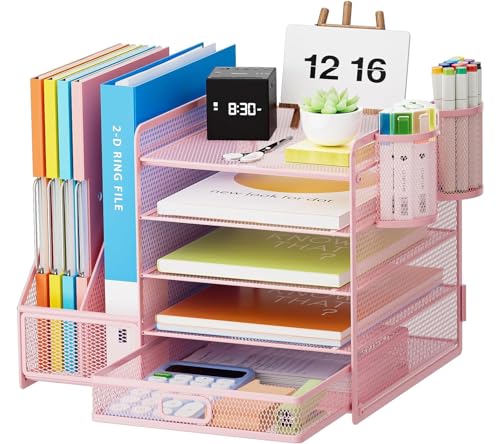 Marbrasse Schreibtisch Organizer mit Aktenhalter, 5 Ebenen Papier Briefablage mit Schublade und 2 Stiftehalter,Schreibtisch Netz Ablagefächer Organizer mit für Büro bedarf Dokumentenablage (Rosa) von Marbrasse