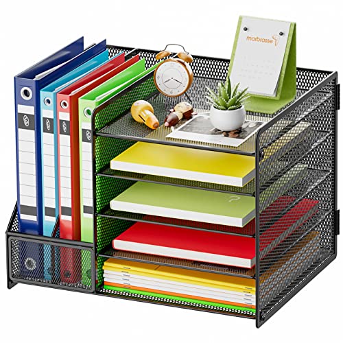 Marbrasse Schreibtisch Organizer mit Aktenhalter, 5stöckig Papier-Briefablage,2 Stifthaltern,Netz-Schreibtisch-Organizer Aufbewahrung mit Zeitschriftenhalter für Bürobedarf(Schwarz no Schublade) von Marbrasse