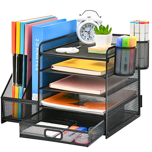 Marbrasse Schreibtisch Organizer mit Aktenhalter,5-Tier Briefablage Ablagefächer mit Schublade und 2 Stifthalter, Mesh Schreibtisch Zubehör Ablage Zeitschriftenhalter für Bürobedarf(Schwarz) von Marbrasse