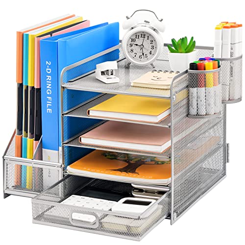 Marbrasse Schreibtisch Organizer mit Aktenhalter,5Tier Briefablage Ablagefächer mit Schublade und 2 Stifthalter,Mesh Desktop Schreibtisch mit Zeitschriftenhalter für Bürobedarf(Silber) von Marbrasse