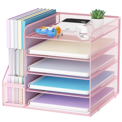Marbrasse Schreibtisch Organizer und Büro Zubehör,5-Tier Briefablage,Mesh Büro Organizer für Schreibtischzubehör & Ablage(Rosa) von Marbrasse
