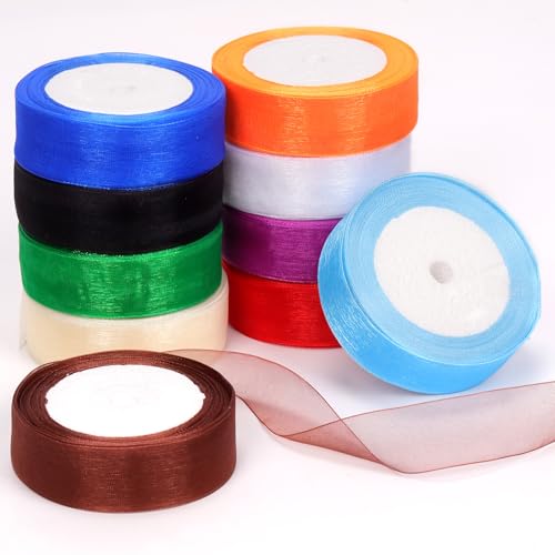 Mardatt 10 Rollen 1 Zoll x 25 Yards Schimmer Sheer Band Geschenk Verpackung Band Blatt, 10 Farben Chiffon Bänder für Blumenstrauß Hochzeit Dekoration von Mardatt