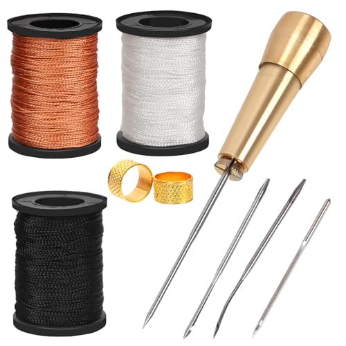 Mardatt 10pcs Leather Sewing Awl Kit Including Canvas Leather Sewing Awl Needle with Copper Handle, 3 Colors Waxed Thread and Thimble Leather Sewing Working Tools for DIY Leather Craft von Mardatt